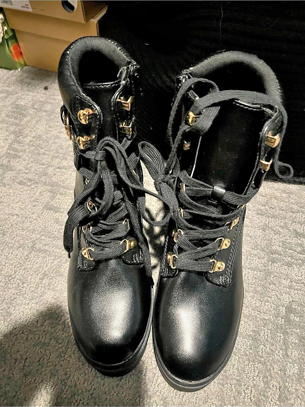 Black Combat Boots Gold-Tone Hardware  New - Picture 3 of 5
